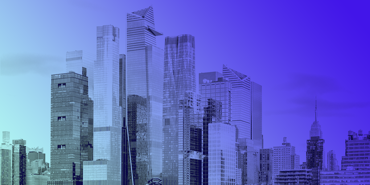 Hudson Yards cityscape with blue and white tone