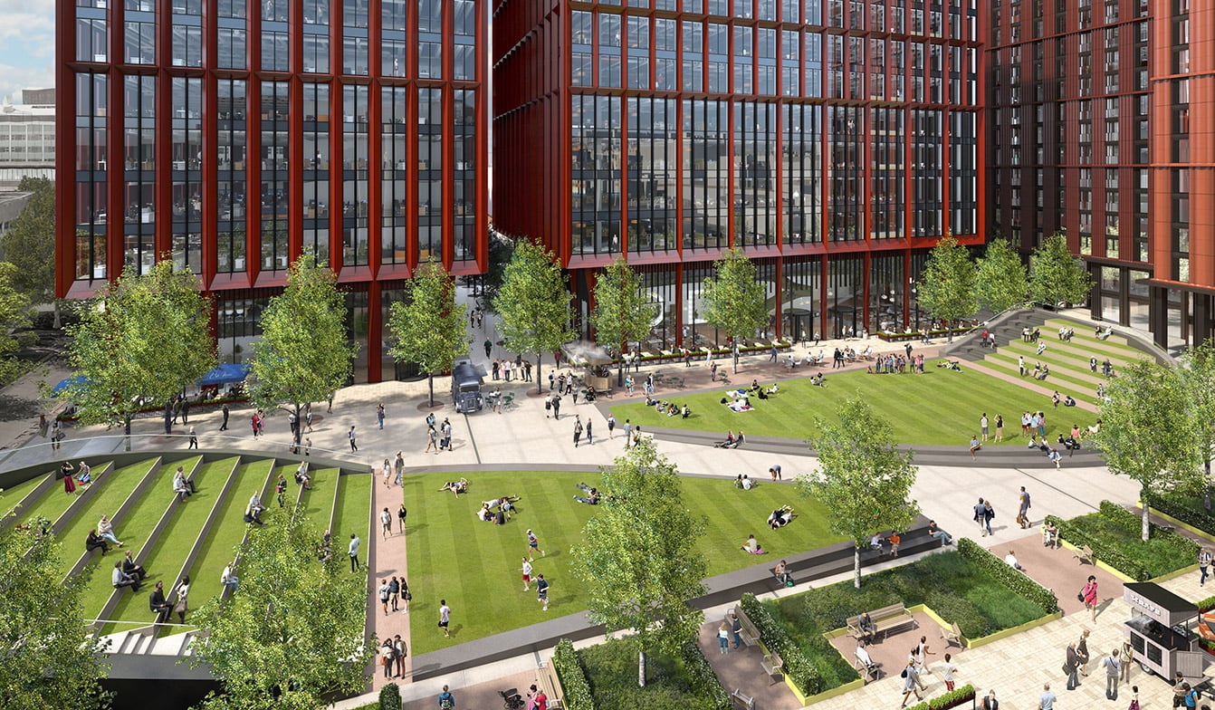 Office buildings and a green space