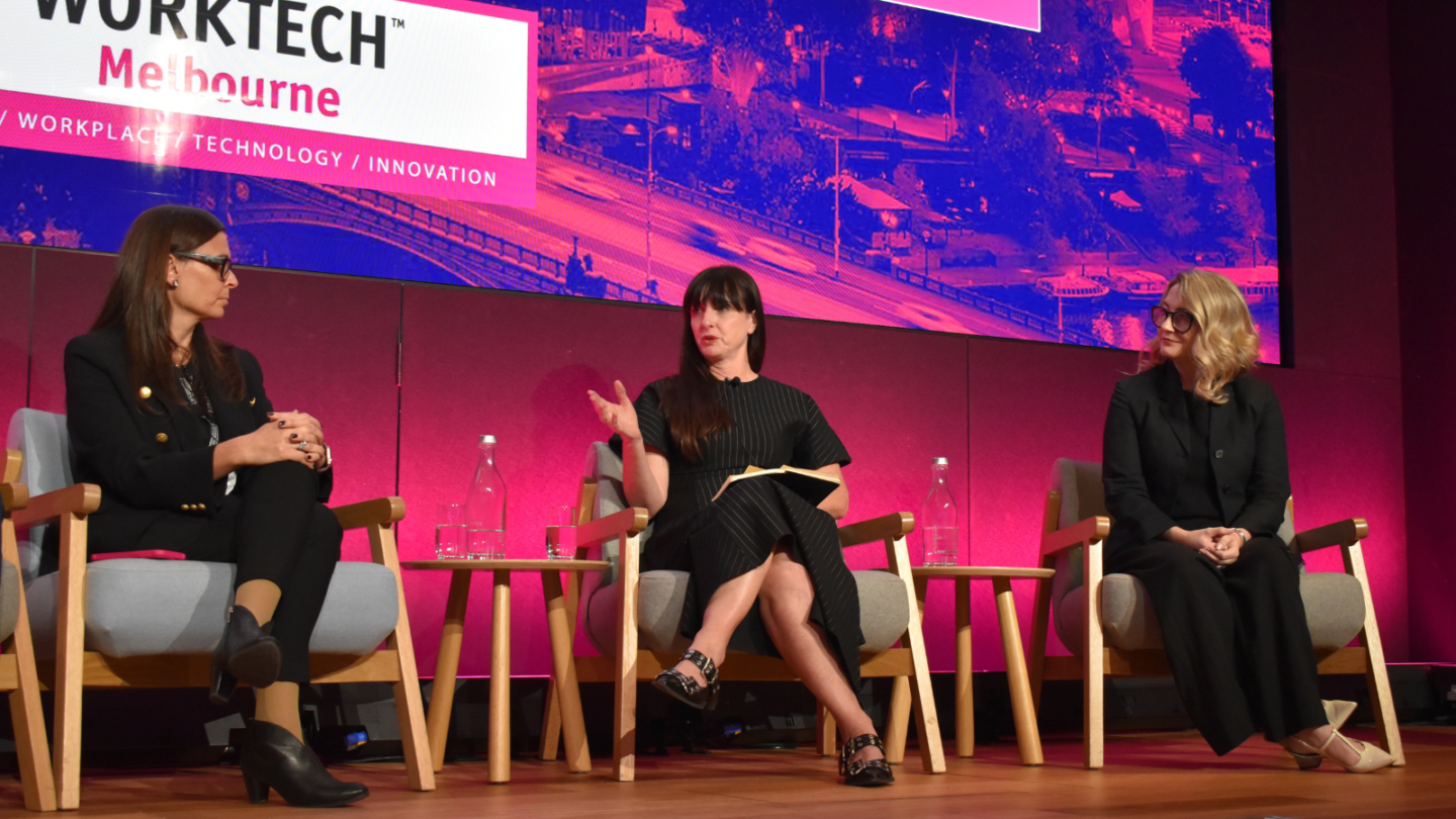 3 women speaking on stage at WORKTECH Melbourne